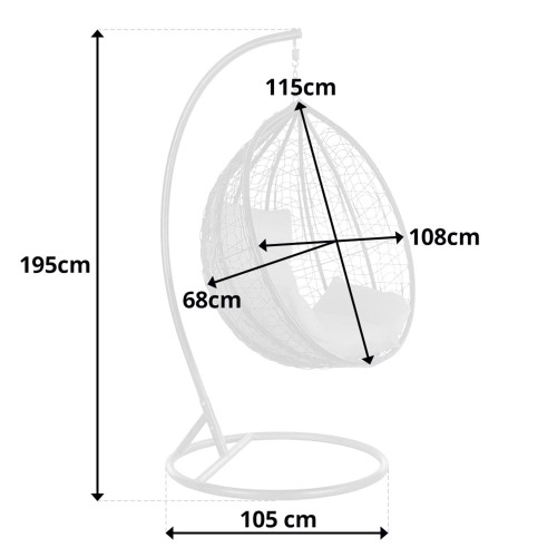 Wymiary: całkowita wysokość: 195 cm, średnica podstawy: 105 cm, szerokość kosza: 108cm,  wysokość kosza: 115cm, głębokość kosza: 68cm