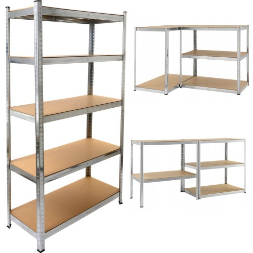 Metalowy Regał Magazynowy 3w1. Regał składa się z 5 solidnych półek. Dzięki modularnej budowie możliwe jest nie tylko dowolne konfigurowanie ułożenia półek, ale także możliwość rozłożenia regału na dwa mniejsze.