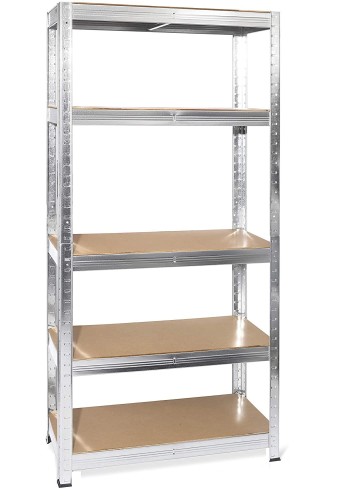 Regał składa się z 5 solidnych półek oraz dwóch kompletów słupów nośnych. Półki wykonane są z mocnego MDF, a każda posiada dodatkowe wzmocnienie w postaci środkowego wspornika. - ujęcie 1