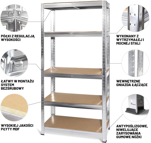 Regał posiada: 5 półek z MDF z możliwością regulacji wysokości, metalowe, malowane profile konstrukcyjne, nakładki na nogi, które nie rysują podłogi i zapewniają lepszą stabilność oraz wewnętrzne gniazdka łączące.