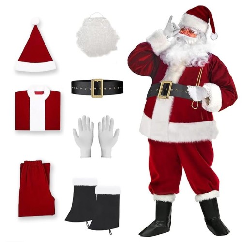 Strój Mikołaja. Zestaw ten składa się z 7 elementów:    spodni,  marynarki , butów (nakładki),  paska,  rękawic  czapki oraz  brody.
