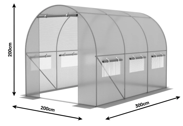 Tunel ogrodowy długi jest na 300 cm, szeroki na 200cm a wysoki na 200 cm.