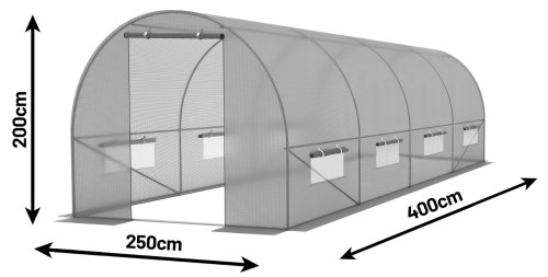 Tunel ogrodowy długi jest na 400 cm, szeroki na 250cm a wysoki na 200 cm.