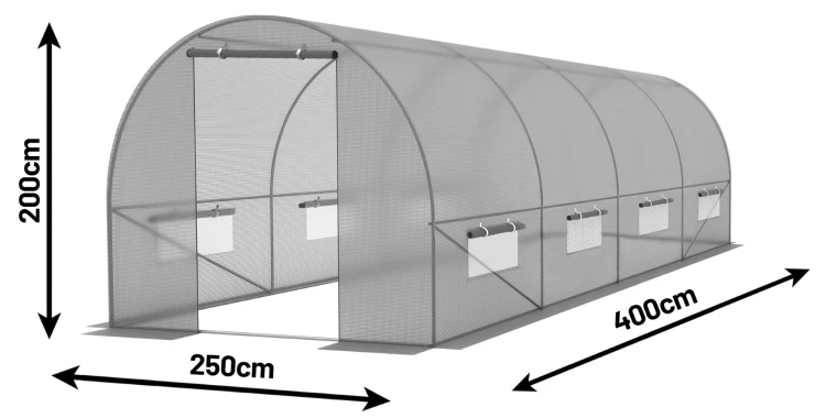 Tunel ogrodowy długi jest na 400 cm, szeroki na 250cm a wysoki na 200 cm.