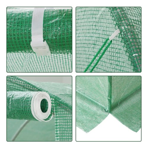 Tunel foliowy ogrodowy zielony posiada: fartuch okalający, pozwalający na dodatkowe dociążenie folii oraz odprowadzenie wody.  8 okienek wyposażonych w siatkę, rzepy oraz zwijaną folię wierzchnią  zamki błyskawiczne, sznureczki, zapinki.