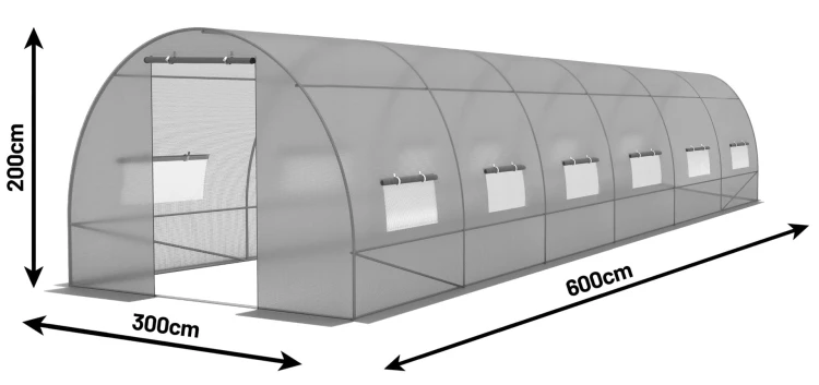 Tunel ogrodowy długi jest na 600 cm, szeroki na 300 cm a wysoki na 200 cm.