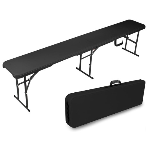 Czarna ławka w pełni rozłożona, z widocznymi metalowymi nogami i zawiasami umożliwiającymi jej złożenie. Poniżej, przedstawiona ta sama ławka w stanie złożonym, przyjmująca formę kompaktowej walizki z uchwytem do przenoszenia.