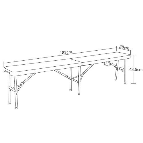 Wymiary ławki (rozłożonej): długość 183cm, szerokość 28cm, wysokość: 43,5cm, waga: ~7kg
