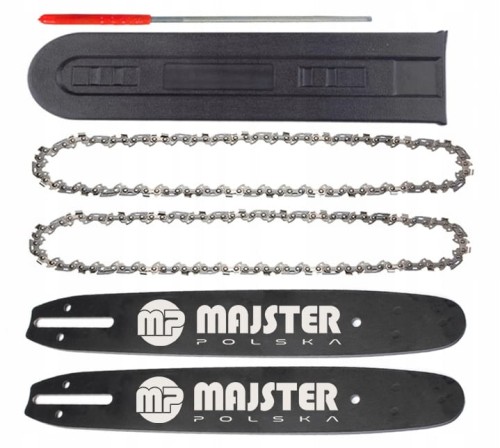 Dwie prowadnice, dwa łańcuchy, osłona prowadnicy i pilnik do ostrzenia łańcucha.