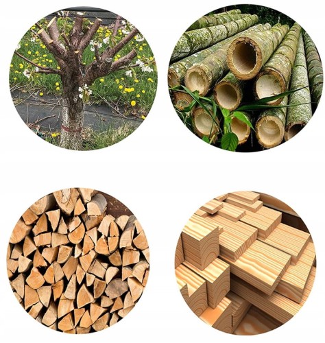 Przycięte drzewo owocowe z kwiatami na tle zielonej trawy i żółtych kwiatów. Stosy świeżo ściętych pni bambusa. Ułożone w stos, porąbane drewno opałowe.  Stosy obrobionych desek i belek z drewna.