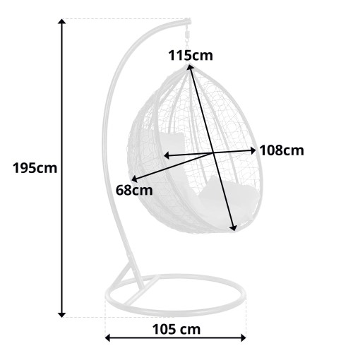 Wymiary: całkowita wysokość: 195 cm, średnica podstawy: 105 cm, szerokość kosza: 108cm,  wysokość kosza: 115cm, głębokość kosza: 68cm