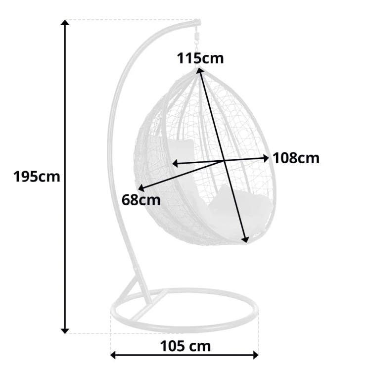 Wymiary: całkowita wysokość: 195 cm, średnica podstawy: 105 cm, szerokość kosza: 108cm,  wysokość kosza: 115cm, głębokość kosza: 68cm