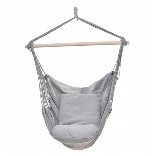 Wykonany z wytrzymałej szarej tkaniny, która tworzy wygodne siedzisko, poprzeczny drążek wykonany z drewna, utrzymuje materiał w odpowiednim kształcie i szerokości, zapobiegając jego zwijaniu i ułatwiając korzystanie z fotela.