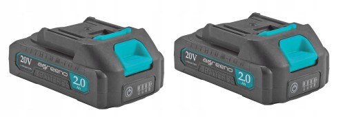 Dwa akumulatory litowo-jonowe 20V marki Agreeno, każdy o pojemności 2.0 Ah. Akumulatory są w kolorze szarym z turkusowymi elementami i posiadają wskaźnik naładowania.