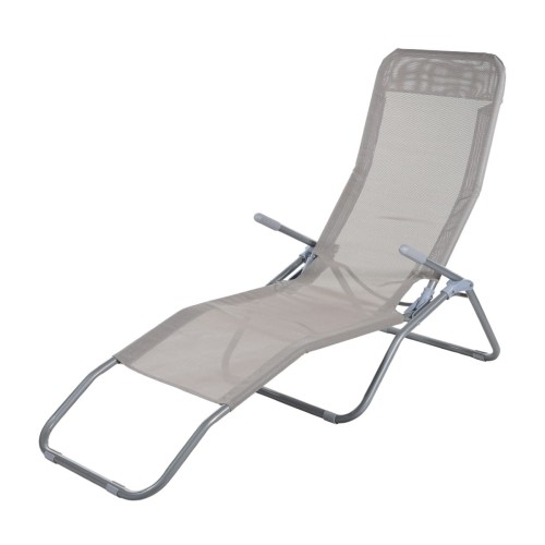 Leżak stalowy, stelaż malowany proszkowo na kolor srebrny, materiał w kolorze szarym.