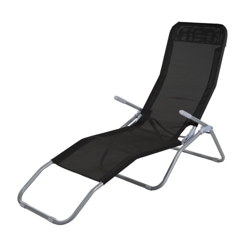 Leżak stalowy, stelaż malowany proszkowo na kolor srebrny, materiał w kolorze czarnym.
