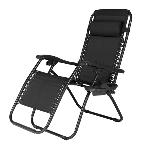 Solidna, malowana proszkowo metalowa rama, pokryta powłoką antykorozyjną. Siedzisko i oparcie z wodoodpornego i odpornego na promieniowanie UV materiału tekstylnego. Wyposażony w poduszkę pod głowę oraz uchwyt na kubek.