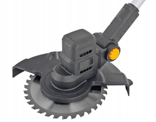 Głowica podkaszarki z okrągłą tarczą z zębami, przeznaczoną do cięcia grubszych zarośli, krzewów lub twardej trawy.