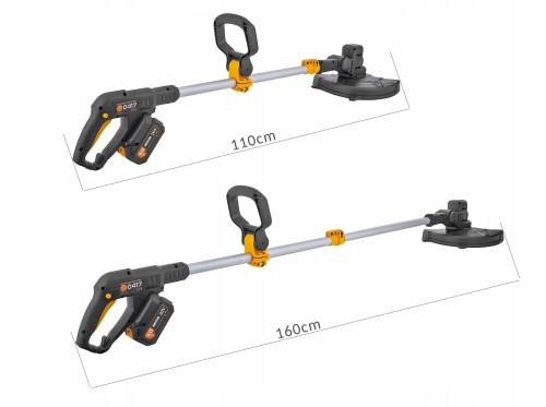 Podkaszarka koloru czarnego z pomarańczowymi elementami, takimi jak uchwyt i elementy regulacyjne. Urządzenie przeznaczone do pielęgnacji trawników, charakteryzujące się regulowaną długością w zakresie od 110 cm do 160 cm.