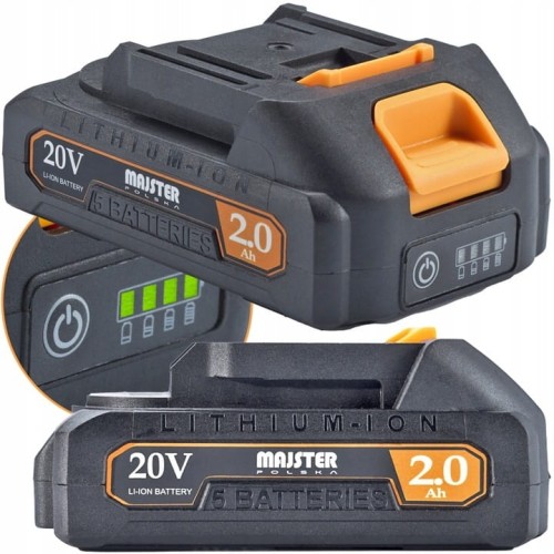 Dwa akumulatory litowo-jonowe o pojemnościach 4.0 Ah i 2.0 Ah i napięciu 20 V. Akumulatory w kolorze czarnym z pomarańczowymi akcentami z wskaźnikami naładowania.