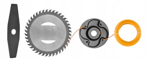 Ostrze trójramienne, tarcza z zębami/piła tarczowa, głowica tnąca/szpula z żyłką, żółta żyłka tnąca.