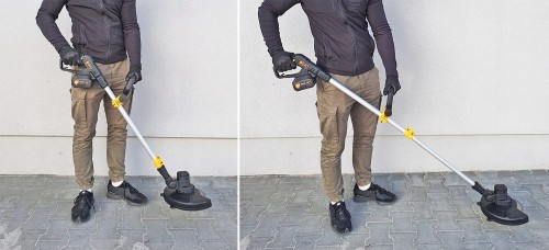 Podkaszarka przedstawiona na tle garażu.