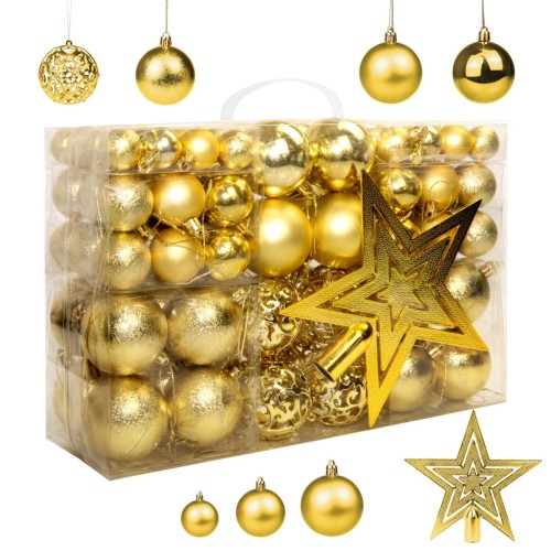 Bombki Choinkowe Nietłukące 6/4/3 cm. Zestaw Ozdób 101w1 - złote. Zapakowane w plastikowe, przezroczyste pudełko.