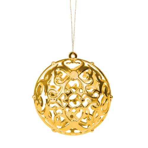 Bombka złota z wyciętą strukturą z symetrycznymi wzorami przypominające np. koronkę.