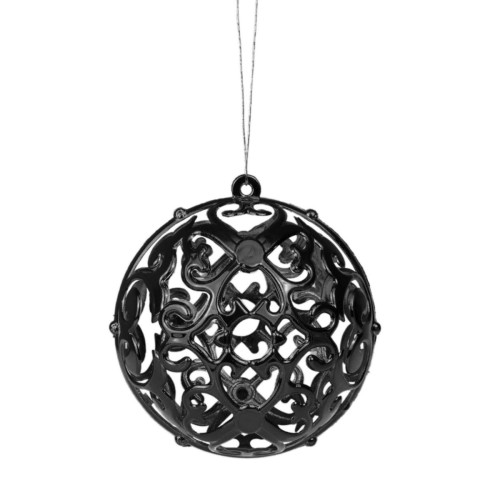 Bombka czarna z wyciętą strukturą z symetrycznymi wzorami przypominające np. koronkę.