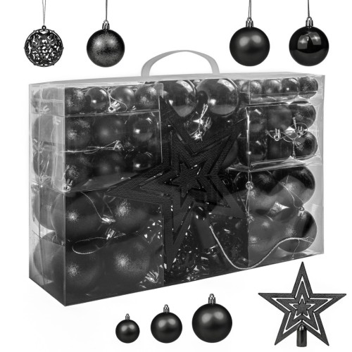 Bombki Choinkowe Nietłukące 6/4/3 cm. Zestaw Ozdób 101w1 - czarne. Zapakowane w plastikowe, przezroczyste pudełko.