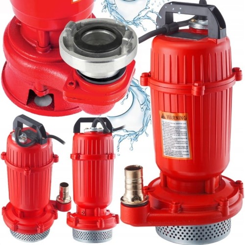 Widoczne różne ujęcia tego samego modelu pompy, w tym zbliżenia na detale takie jak wylot z gwintem oraz tabliczka z napisem A WARNING.