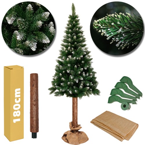 Choinka Sosna Diamentowa o wysokości 180cm na Pniu.  Gałązki zakończone diamentowymi i śnieżonymi końcówkami. Całość posadowiona na czteroramiennej, stabilnej podstawie, owiniętej  materiałem jutowym. Choinka pakowana w pudełko.