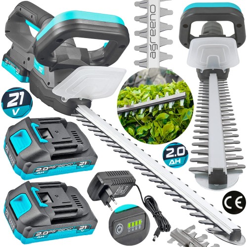 Zestaw elektrycznych nożyc do żywopłotu marki Agreeno. W skład zestawu wchodzą: same nożyce z długim ostrzem, dwie baterie 20V o pojemności 2.0 Ah, ładowarka do baterii oraz dodatkowe elementy ostrza.