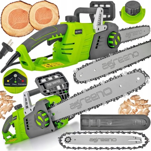 Zielono-szara pilarka łańcuchowa Agreeno. Prowadnica łańcucha. Łańcuch tnący. Osłona prowadnicy.