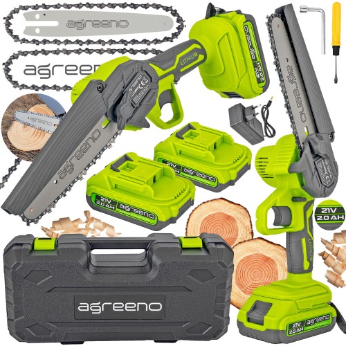 Zestaw akumulatorowej pilarki łańcuchowej marki Agreeno: dwa akumulatory 21V 2.0Ah, ładowarka, dwa łańcuchy tnące i prowadnica, narzędzia do montażu i konserwacji, czarna walizka transportowa z logo Agreeno - ujęcie nr 1