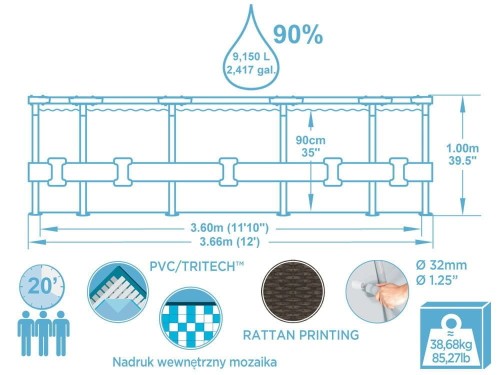 Wymiary: średnica 366cm, głębokość 100cm.