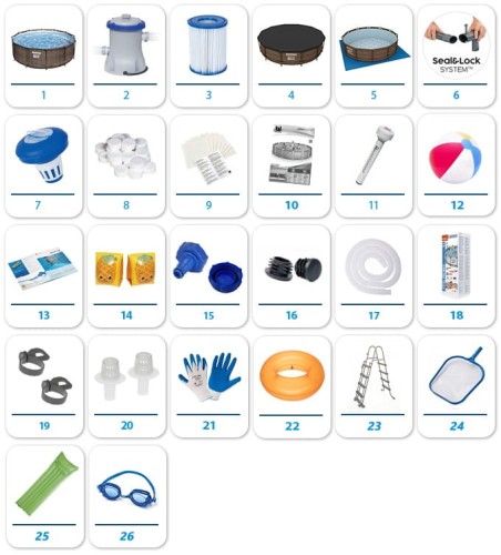 Basen. Pompa. Drabinka Filtr. Pokrywa. Podkład. Stelaż. Dozownik. Chemia basenowa. Łatka. Instrukcja obsługi. Termometr. Piłka. Kółko. ABC Wody. Film. Zawór. Zaślepki. Węże. Zaciski. Sitka. Rękawiczki. Pudełko. Siatka. Materac. Okularki.