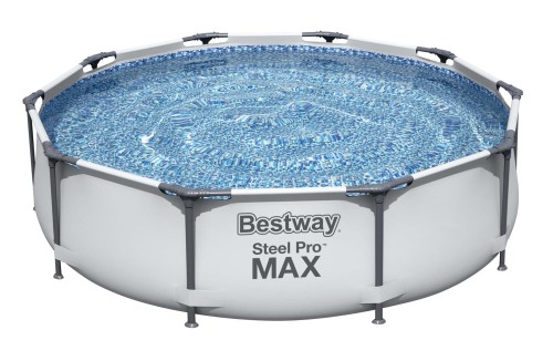 Szary basen stelażowy wypełniony wodą na białym tle.