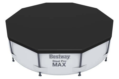 Szary basen stelażowy wypełniony wodą, zabezpieczony pokrywą basenową na białym tle.