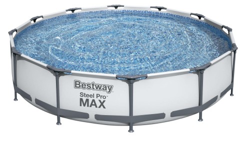 Szary basen stelażowy wypełniony wodą na białym tle.