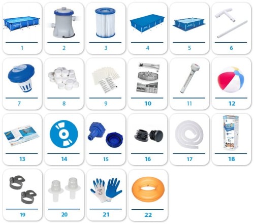 Basen. Pompa. Filtr. Pokrywa. Podkład. Stelaż. Dozownik. Chemia basenowa. Łatka naprawcza. Instrukcja obsługi. Termometr. Piłka plażowa. Kółko pływackie. Poradnik czystej wody. Zawór spustowy. Zaślepki. Węże. Zaciski. Sitko. Rękawiczki.