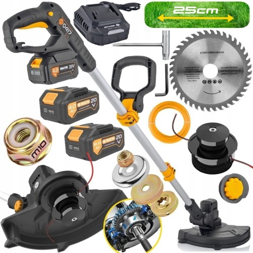 Zestaw elementów akumulatorowej podkaszarki ogrodowej: podkaszarka, dwa akumulatory, ładowarka, głowica żyłkowa, ostrze tnące, żyłka tnąca, osłona ostrza/żyłki, rękojeść, elementy montażowe.