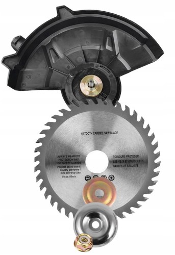 40-zębna tarcza pilarska z węglików spiekanych, wraz z osłoną ochronną i elementami montażowymi (podkładki, nakrętka).