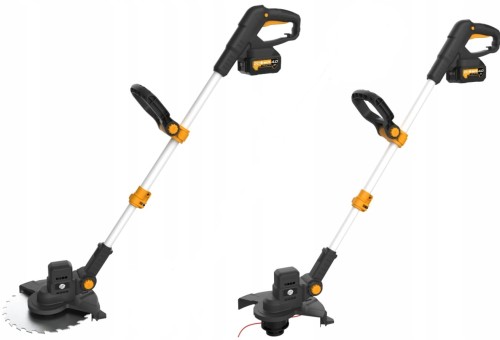 Podkaszarka z zainstalowaną tarczą tnącą, oraz podkaszarka z głowicą żyłkową.