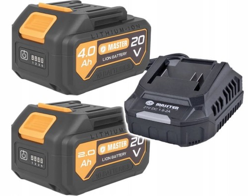 Dwa akumulatory litowo-jonowe o pojemnościach 4.0 Ah i 2.0 Ah i napięciu 20 V. Akumulatory w kolorze czarnym z pomarańczowymi akcentami z wskaźnikami naładowania. Czarna ładowarka do tych akumulatorów.
