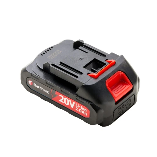 Dwie baterie litowo-jonowe o napięciu 20V i pojemności 2.0Ah marki Bartimex. Jedna z baterii jest otwarta, ukazując wewnętrzną strukturę z zielonymi ogniwami oraz płytką elektroniczną.