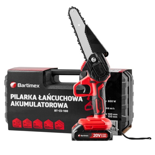 Akumulatorowa pilarka łańcuchowa marki Bartimex, model BT-CS-100, wraz z opakowaniem.