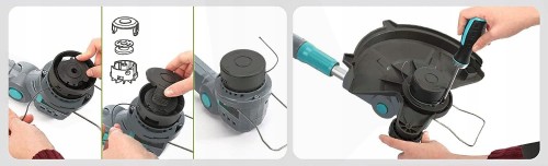 Instrukcja: Kolejne panele ilustrują proces otwierania głowicy, wkładania szpuli oraz zamykania, a następnie montażu całej głowicy na trzonie podkaszarki.