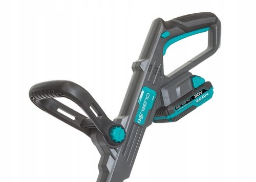 Fragment podkaszarki akumulatorowej, uchwyt główny oraz dodatkowy uchwyt pomocniczym w kolorach szarym i turkusowym.