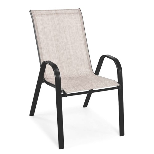 Czarno-beżowe krzesło ogrodowe, posiada metalową ramę w czarnym kolorze oraz siedzisko i oparcie wykonane z siatkowego materiału, zapewniającego elastyczność i komfort - ujęcie nr 1